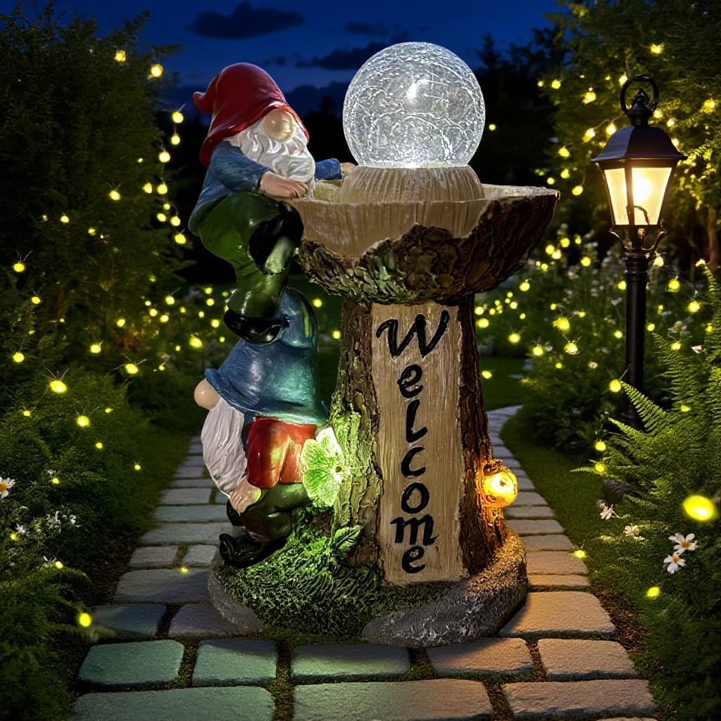 Solar Garden Double Gnomes Climbing Fountain Welcome Decor, Garden Gnome Statue Outdoor Decor,Ideal Gifts for Yard, Patio, Lawn & Porch - Outdoor Decor Led Lights Unique Gift for Mom