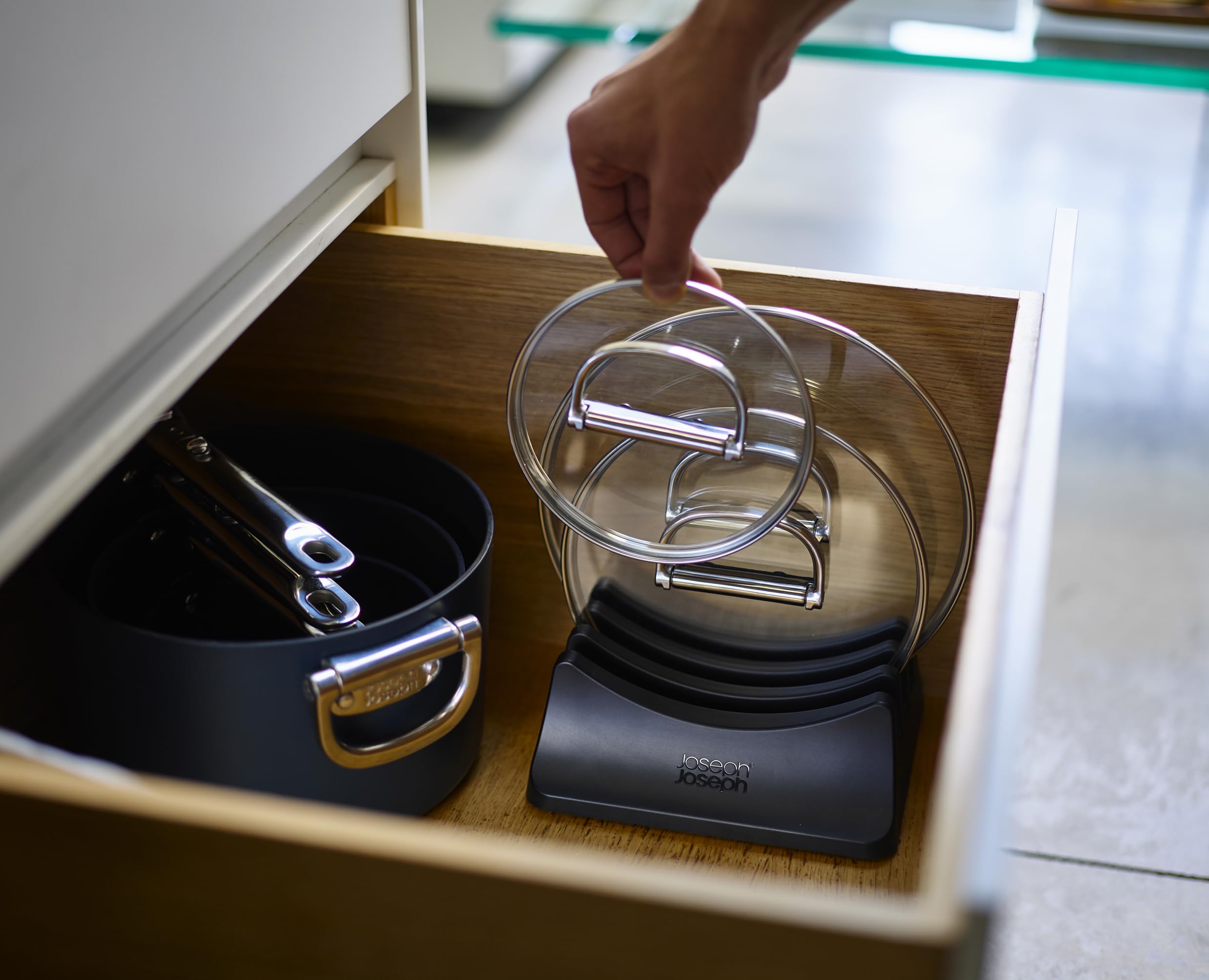 Joseph Joseph Space Batterie de Cuisine 3 pièces, Casseroles Gain de Place, Poignées Pliables, Induction, Revêtement Céramique, Acier Inoxydable