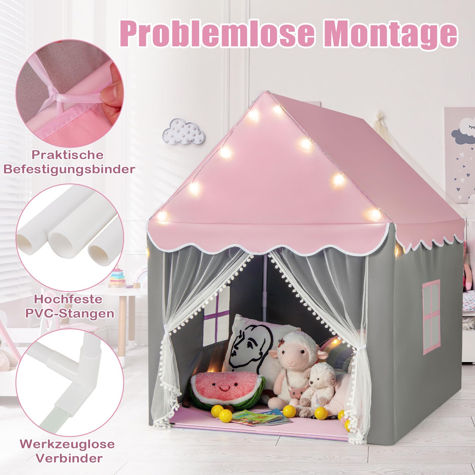 COSTWAY Kinderspielhaus mit Sternenlichter, Prinzessin Prinzess Kinderzelt mit Fenster & Matte, Spielzelt mit doppeltem Vorhang, Kinderspielzelt, Kinderspielburg für Jungen und Märchen (Rosa)