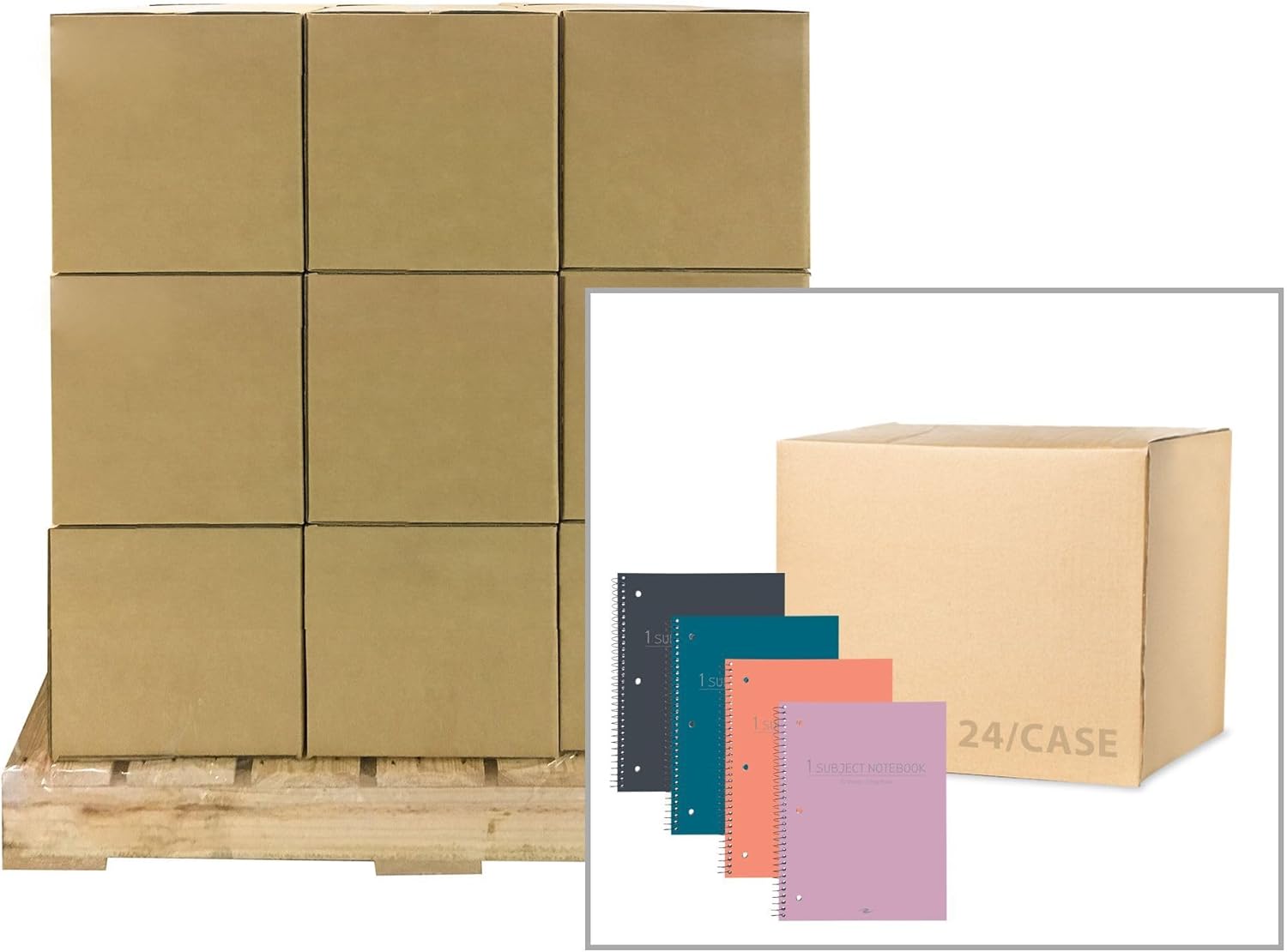 Pallet of 136 cases (3264 Total) One Subject Poly Cover Wirebound Notebooks, 10.5" x 8", One Subject, 70 sheets, College Ruled with Margin, 15# White Paper, Assorted Color Covers