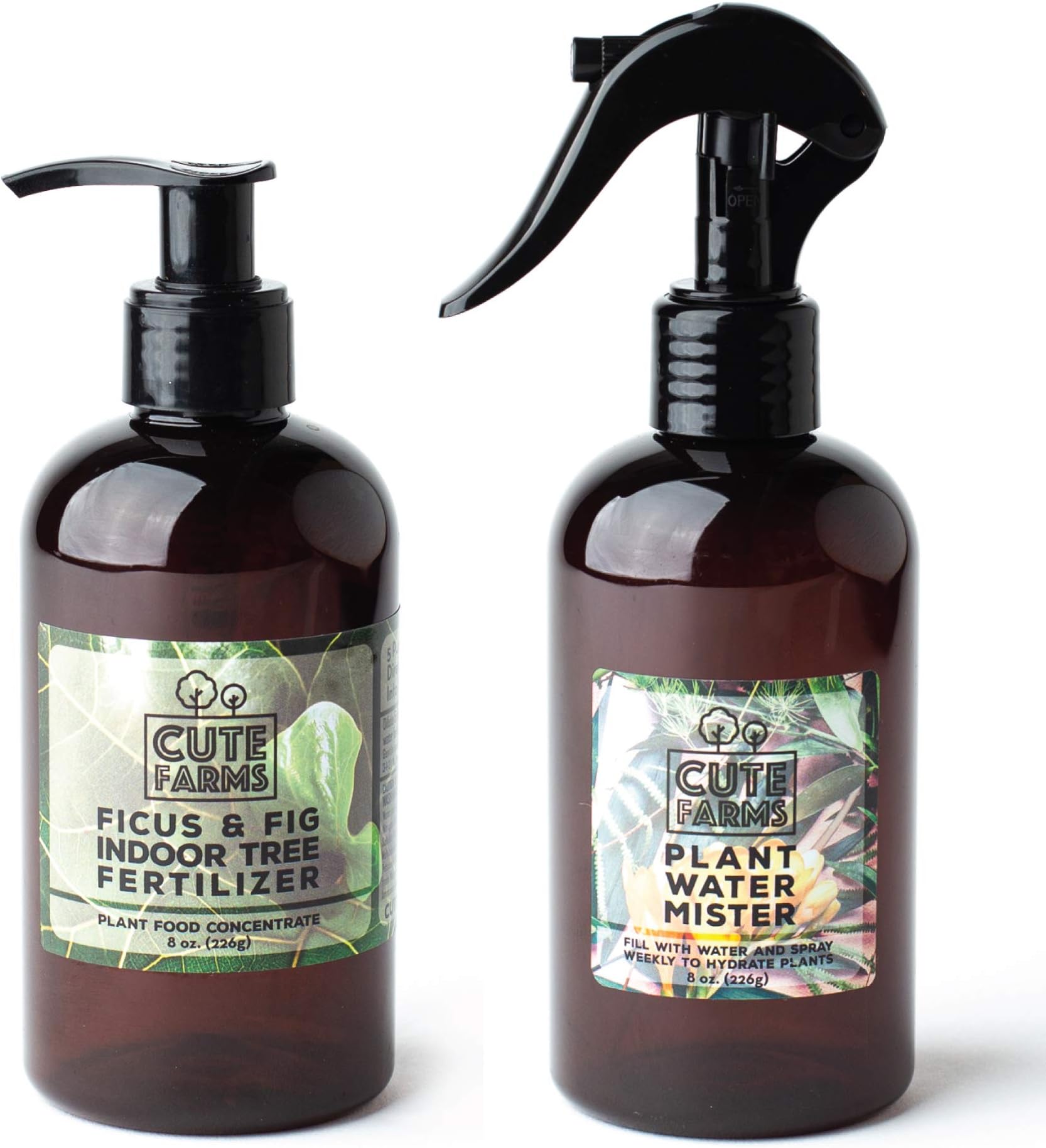 Cute Farms Indoor Fiddle Leaf Ficus Lyrata & Fig Tree Fertilizer | Gentle Plant Food Concentrate 3-1-2 for Healthy Leaves & Roots (8 oz. Bottle + Fine Mist Spray Bottle)