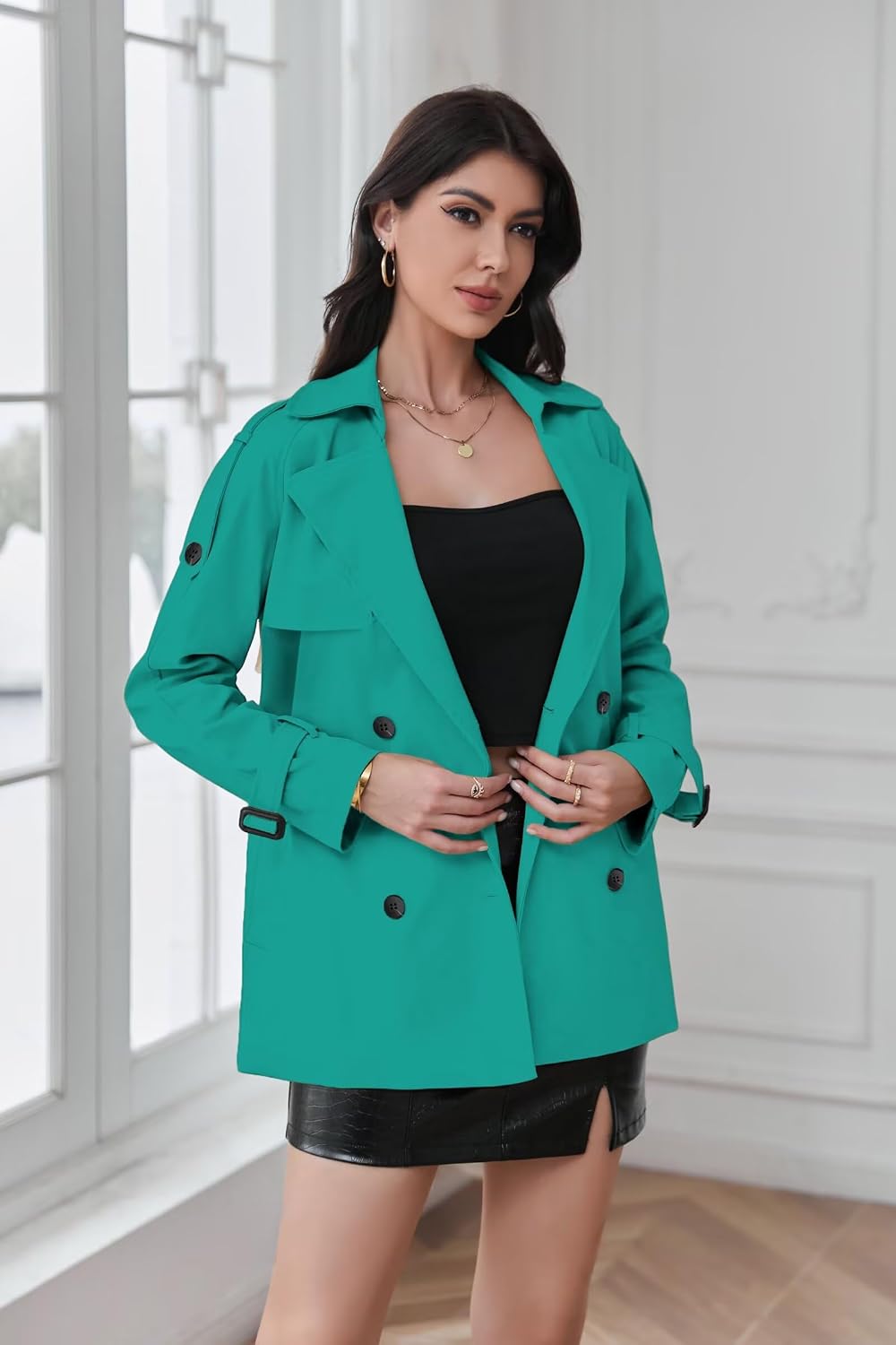 Betusline Women's Water-repellent Double Breasted Belted Short Trench Coat image 2