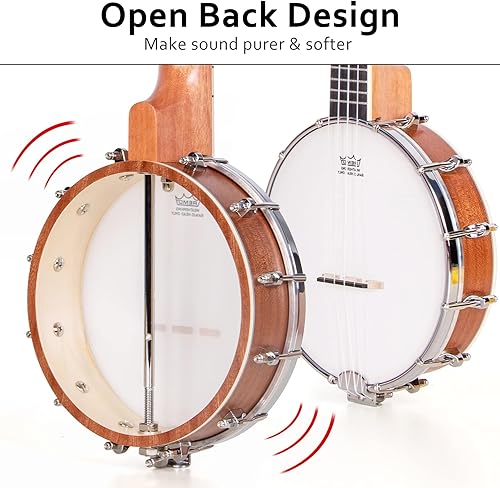 Miniatura 2 de Banjolele, Sapele Travel Banjolele 26 pulgadas 4 cuerdas lotmusic Remo Drumhead espalda abierta con kit para principiantes cuerda extra Allen Wrench