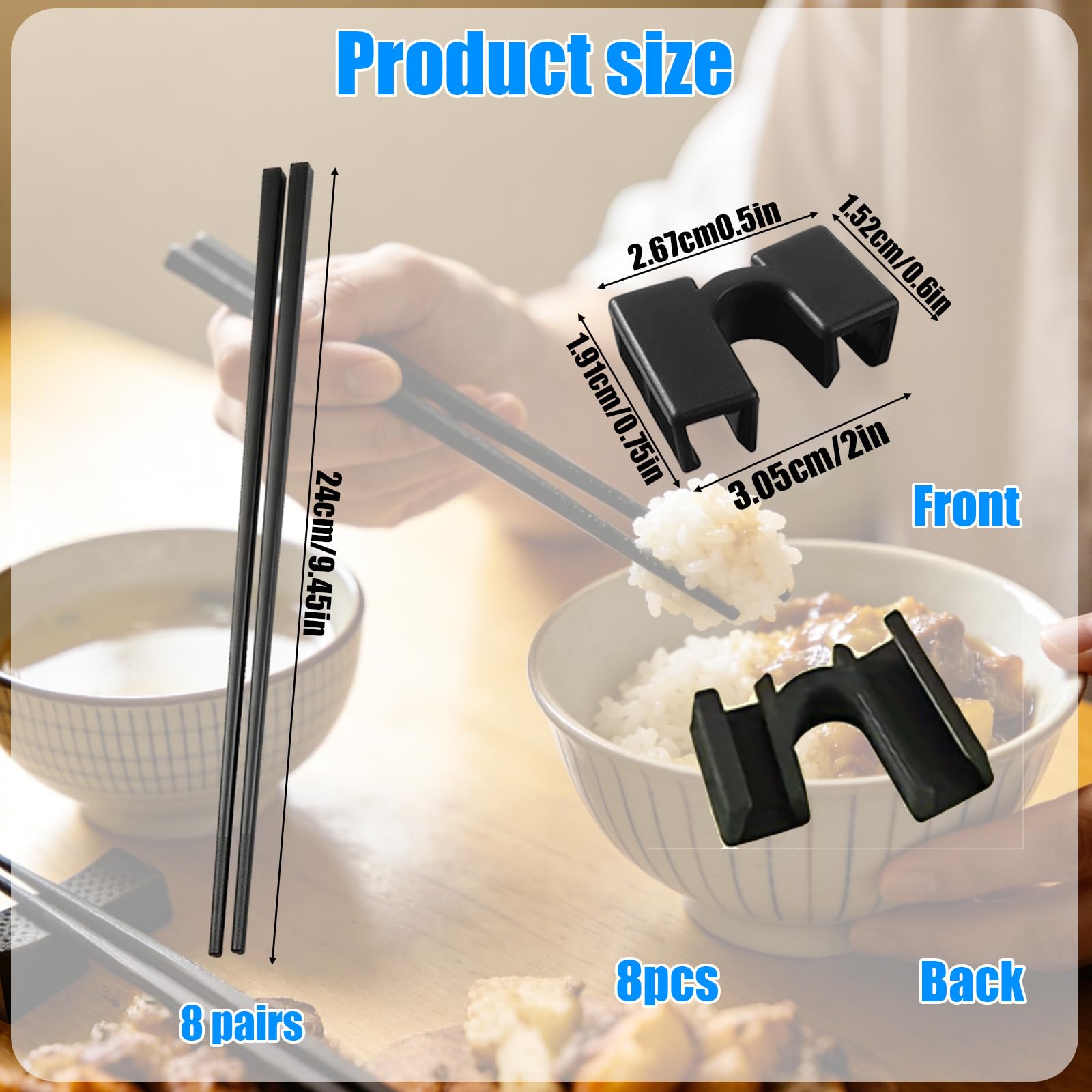 Juego de 8 pares de palillos de fibra de vidrio reutilizables (24 cm) + 8 entrenadores de palillos, palillos antideslizantes de sushi japonés, palillos de aleación negra con bisagra de plástico p