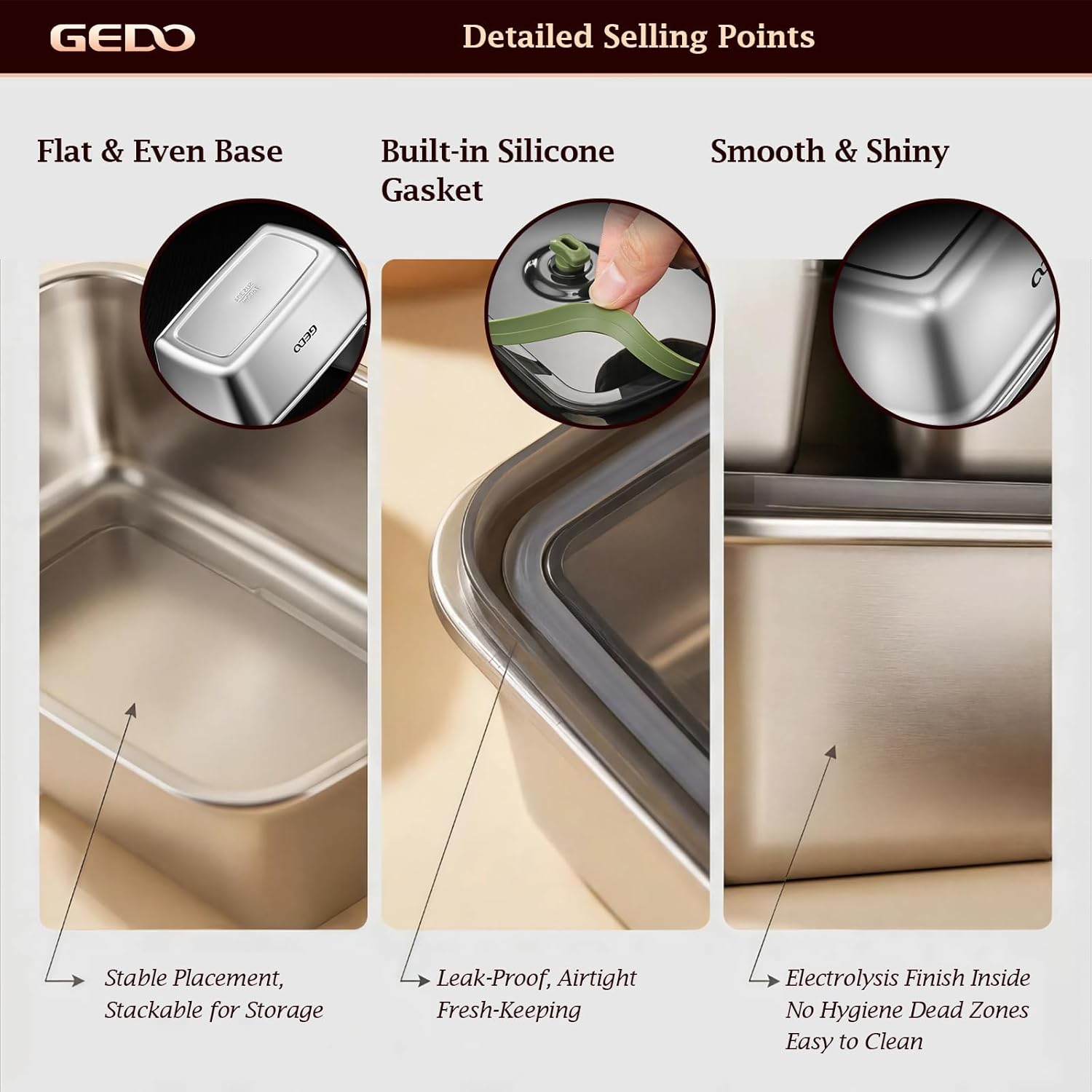 GEDO Stainless Steel Food Storage Containers with Lids, 304 Stainless Steel, Rectangular Lunch Box Set for Refrigerator and Freezer Organization,4-Piece