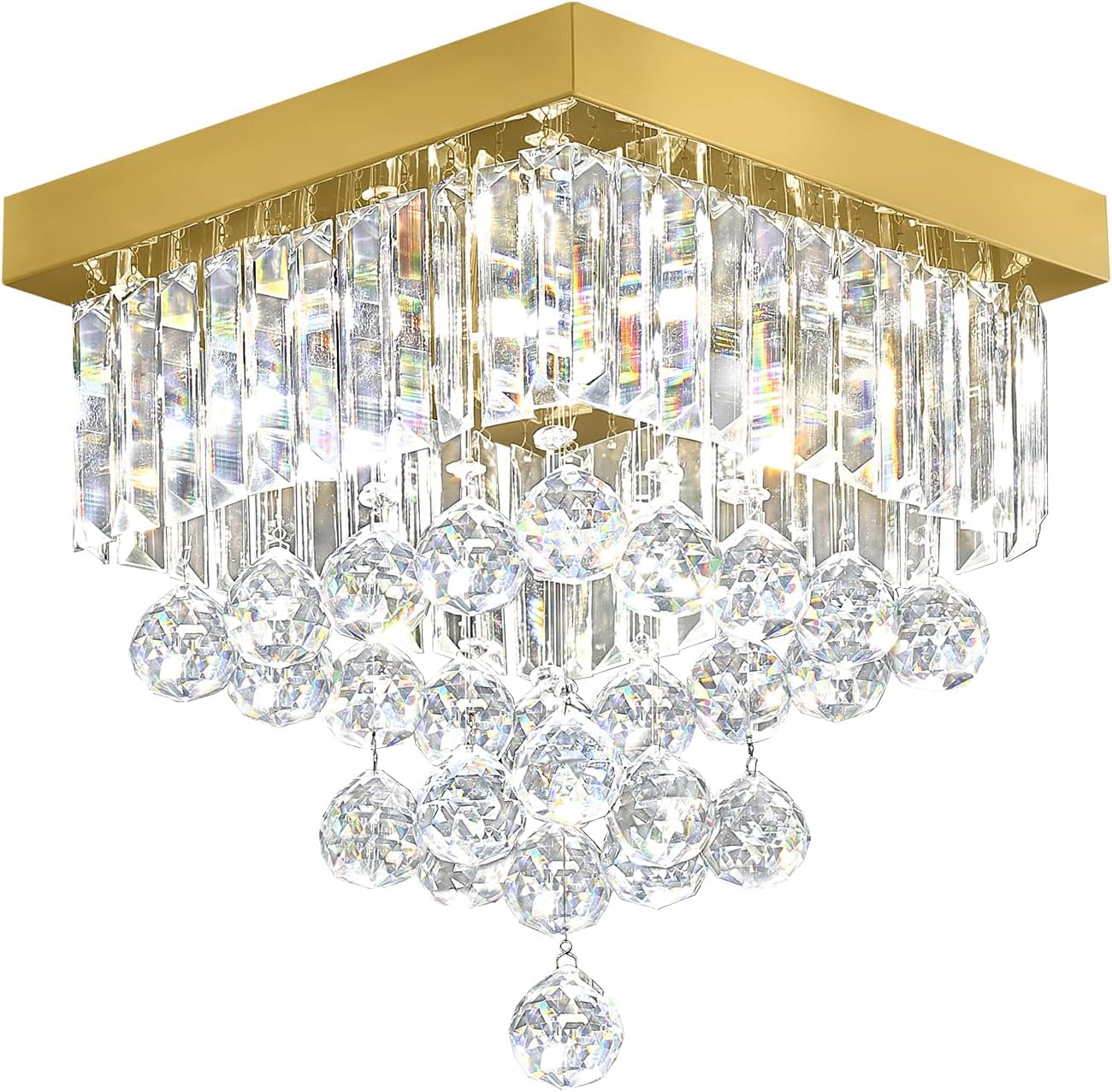 Modern Gold K9 Crystal Flush Mount Ceiling Light, 12" Square Dimmable LED Chandelier, 3 Color Temperature Lighting Fixture for Bedroom, Dining Room, Kitchen, Hallway, Entryway