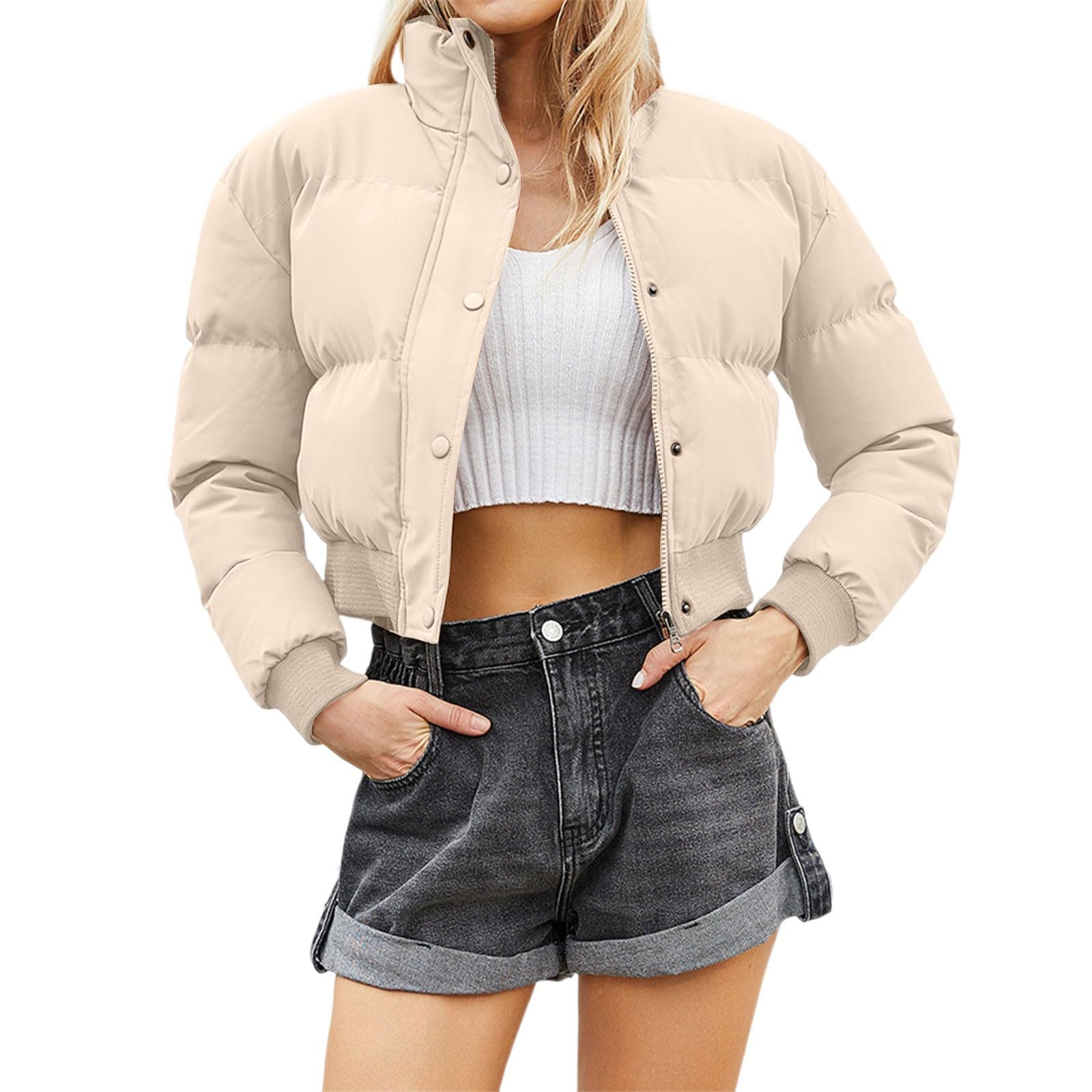 Chaqueta Mujer Abrigo Entretiempo Invierno Cazadora Plumiferos，Abrigo corto femenino cuello casual holgado manga larga para clima frío con capucha y pelo sintético