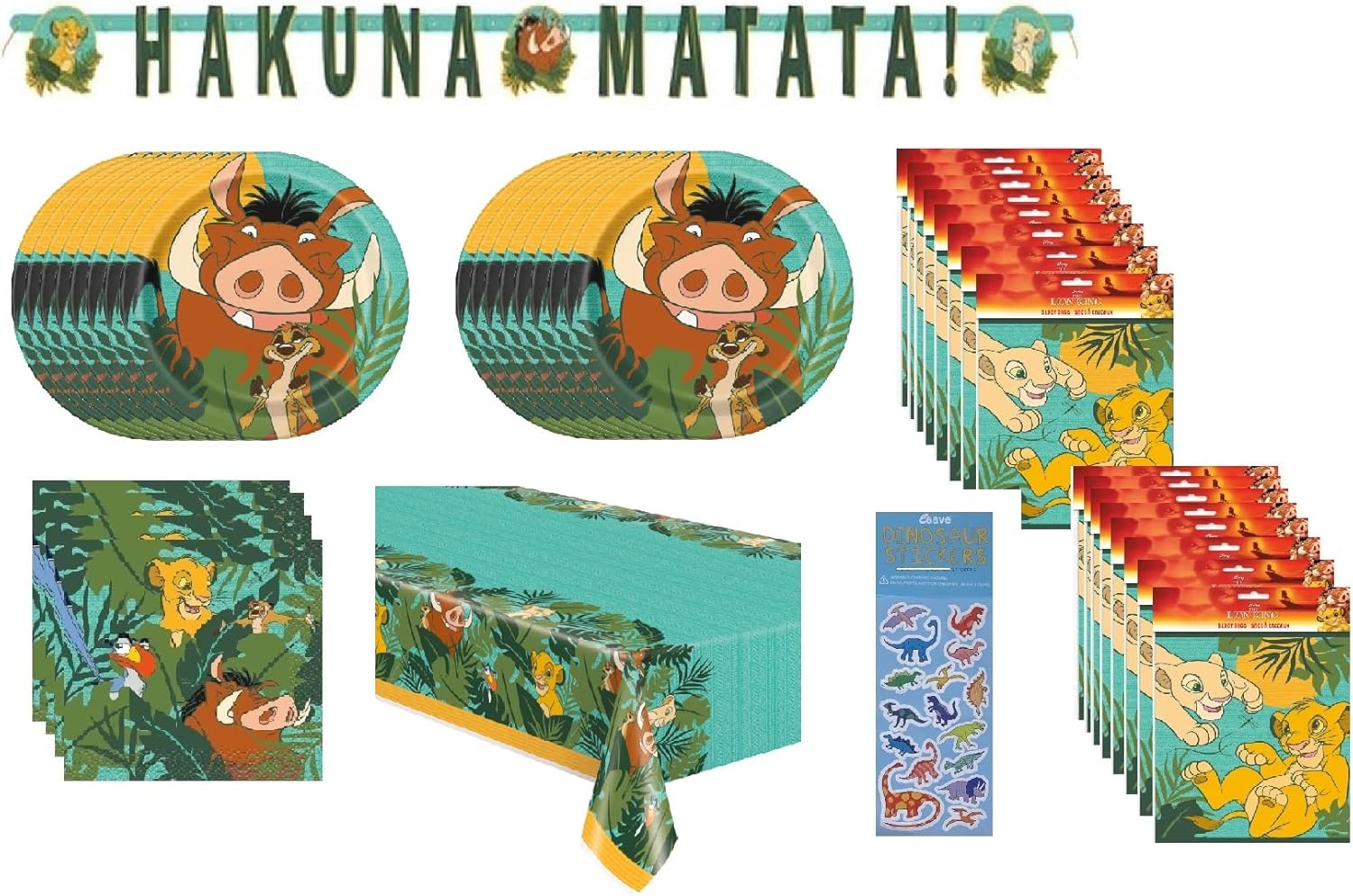 The Lion King Birthday Party Supplies Bundle includes Dessert 16 Cake Paper Plates, 16 Napkins, 1 Table Cover, Banner, 16 Loot Bags (Bundle for 16)