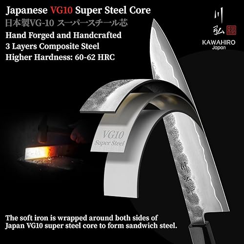 Miniatura 4 de KAWAHIRO Cuchillo de chef japonés, cuchillo de cocina VG10 forjado negro de 8.268 in, cuchillo de chef profesional hecho a mano con mango