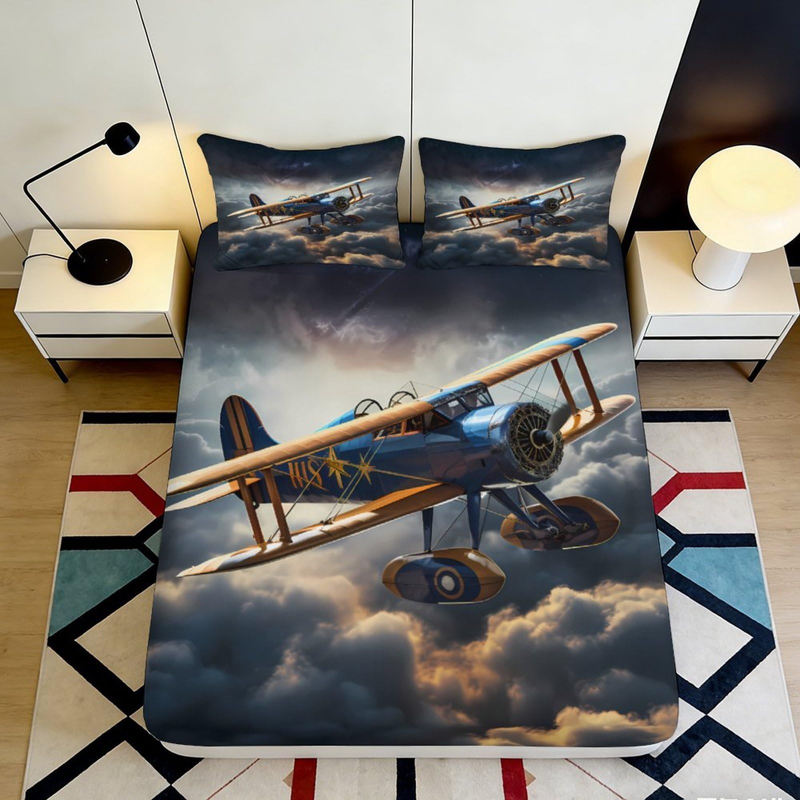 Pnayamiorkfel Style-6 3D Printed Vintage Airplane Fitted Sheet Microfiber Soft Breathable Cloud Sky Bed Cover For Bedroom Guest Room Decor 90X200x25cm