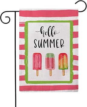 Hello Summer Garden Flag 12.5 x 18 Inch Popsicle Double Sided Summer Holiday Decorative Small Burlap Garden Flags Yard Flags for Outdoor Seasonal Porch Lawn Decorations Pink