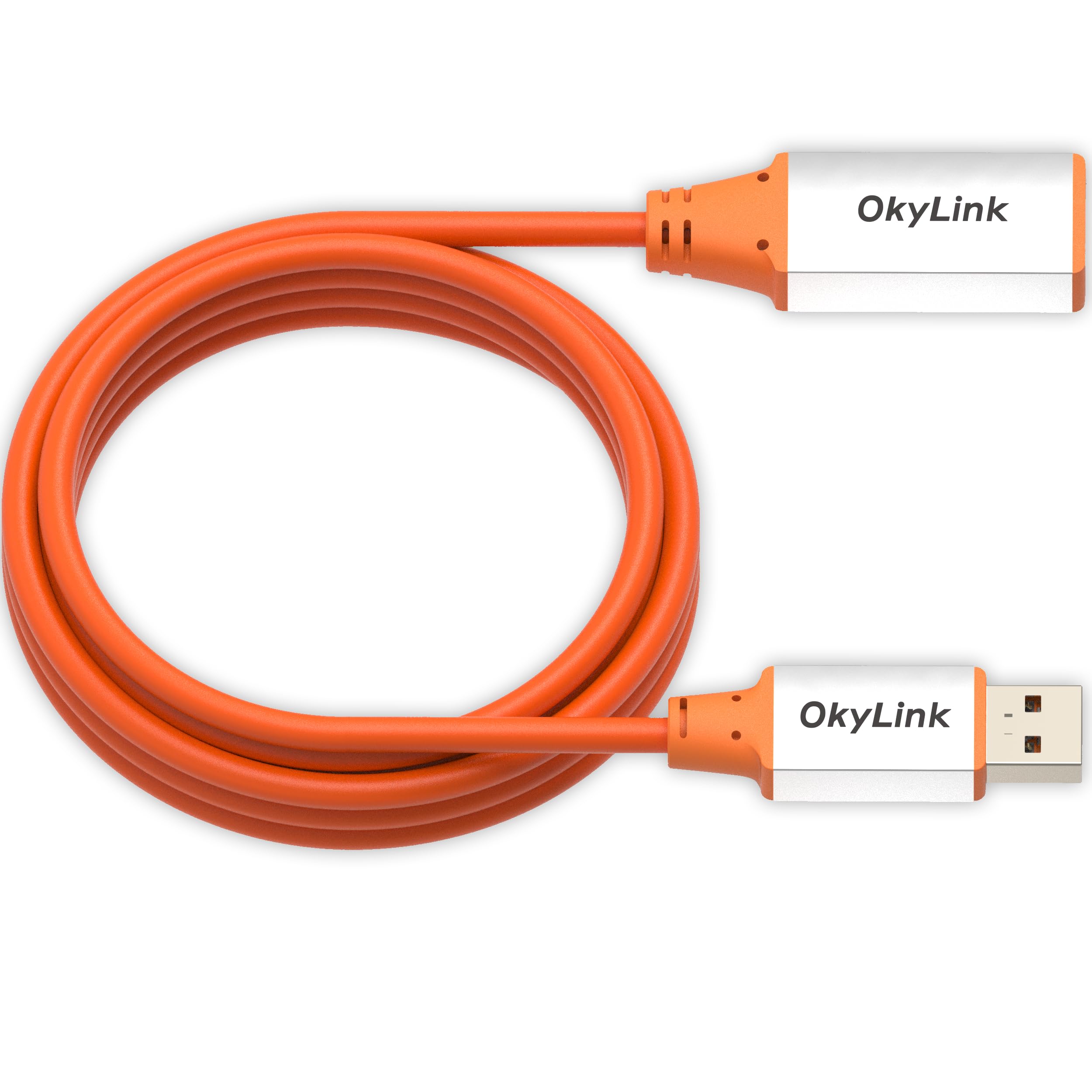 OkyLink 3M Aktywny kabel przedłużający USB 3.2 Gen 2 z wbudowanym wzmacniaczem sygnału – 10 Gbps, pomarańczowy kabel i biała obudowa aluminiowa