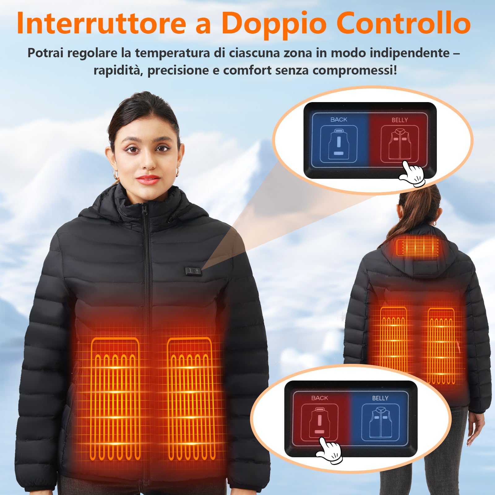 Giubbotto Riscaldato con Power Bank 10000mAh - Giacca Riscaldato con Cappuccio 5 Zone di Calore, 3 Livelli Doppi Controlle per Il Lavoro All'aperto Sci Trekking