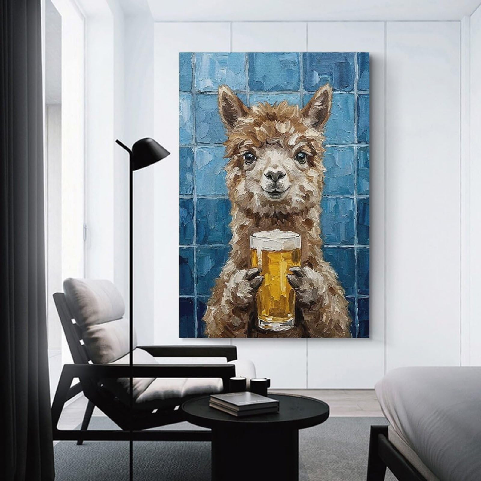 Junmoney Unframe-Style-20-1 Decorative Wall Artwork Alpaca With Beer Painting, 24X36inch(60X90cm), For Lounge, Bedroom Or Personal Spaces, Thoughtful Wall Decor For Art Lovers