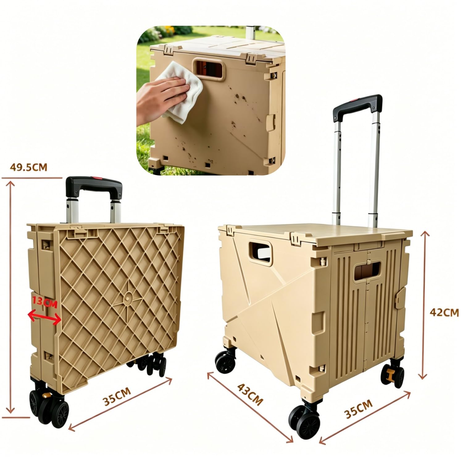 Einkaufstrolley, Klapptrolley mit Rollen & Teleskopgriff, bis 80 kg, 63 L Kiste,Faltbare Einkaufshilfe, Rolltrolley,Einkaufskorb mit Deckel, Braun,für den Wocheneinkauf, zum Camping