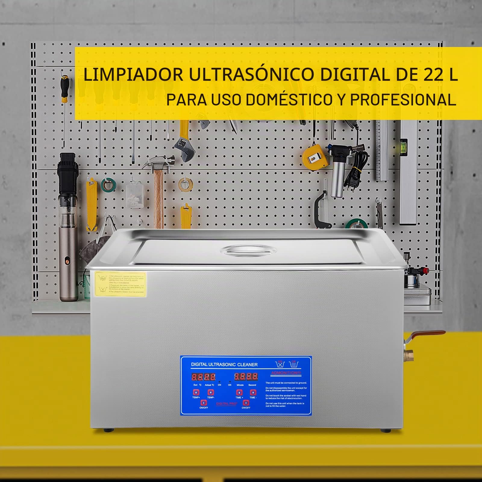 VEVOR Limpiador ultrasónico, 22L Limpiador Ultrasonidos Profesional de Acero Inoxidable, 480W Máquina de Ultrasonido con Temporizador Digital, Temperatura Ajustable, para Joyas, Relojes, Laboratorio