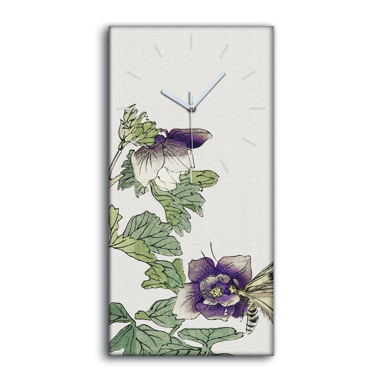 Horloge sur Toile sans bruit aiguilles blanches tableau fleurs 30x60