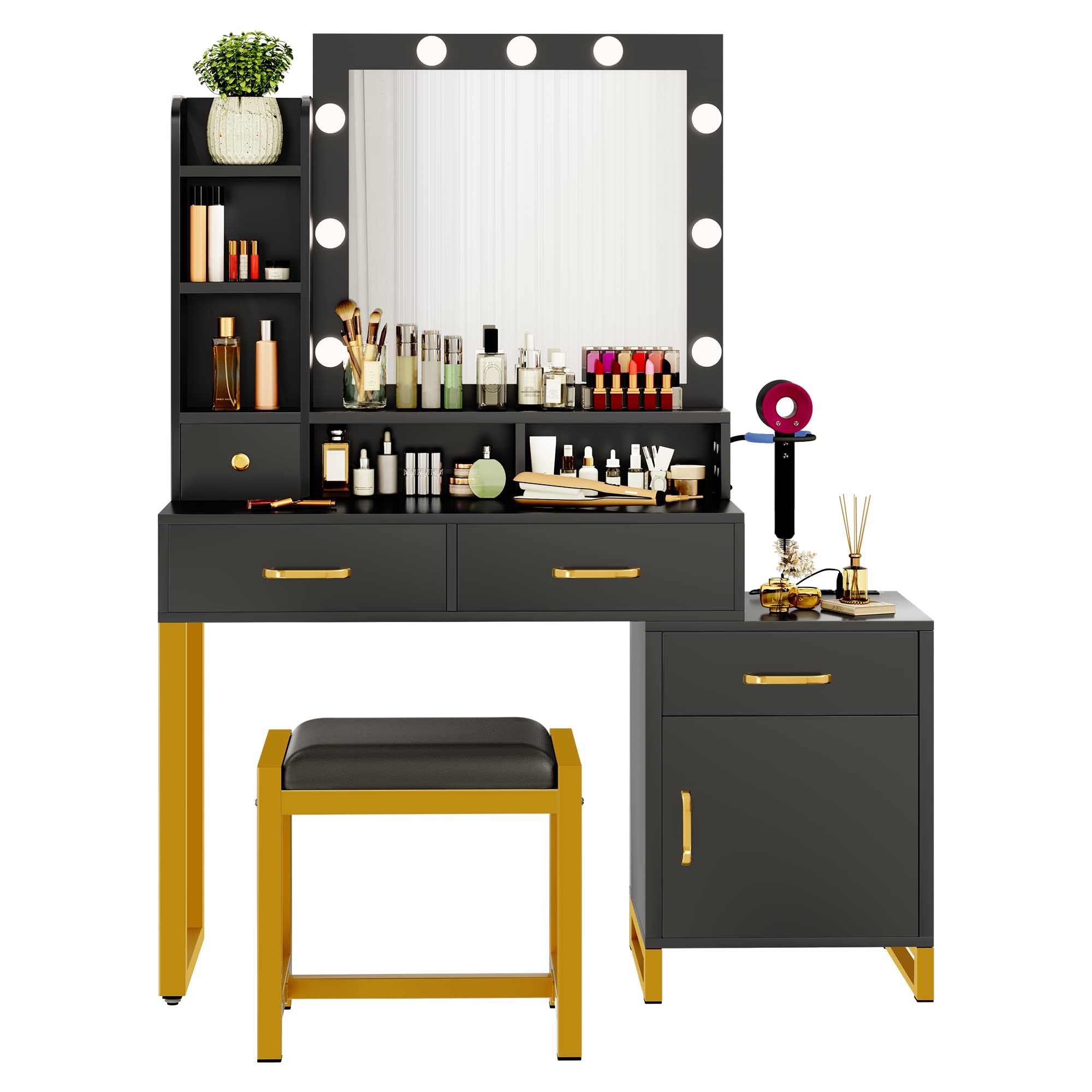 DWVO Makeup Vanity with Lights and Charging Station, Vanity Mirror with Lights and Table Set, Large Vanity Desk with Storage Shelves, 3 Lighting Colors, Black