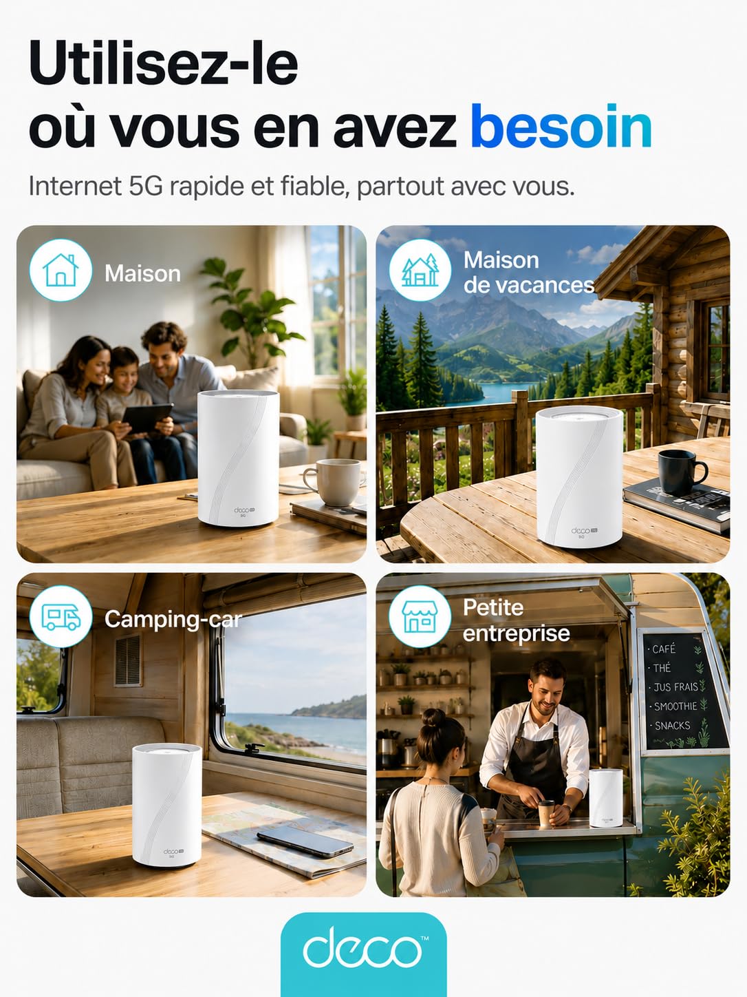 TP-Link Deco Routeur 5G Mesh WiFi 7 jusqu'à 3,6 Gbit/s, Deco BE25-5G | Nano SIM 5G, port 2,5G, réseau Deco Mesh, idéal sans box fibre, résidence secondaire ou télétravail