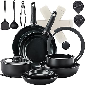 Bonnlo 23Pcs Pots and Pans Set Non Stick, Saucepan Set, Induction Hob Pot Set Non Toxic, Cookware Set with Lid, Detachable Handle, RV Cookware, PFAS PFOA & PFOS Free - Black