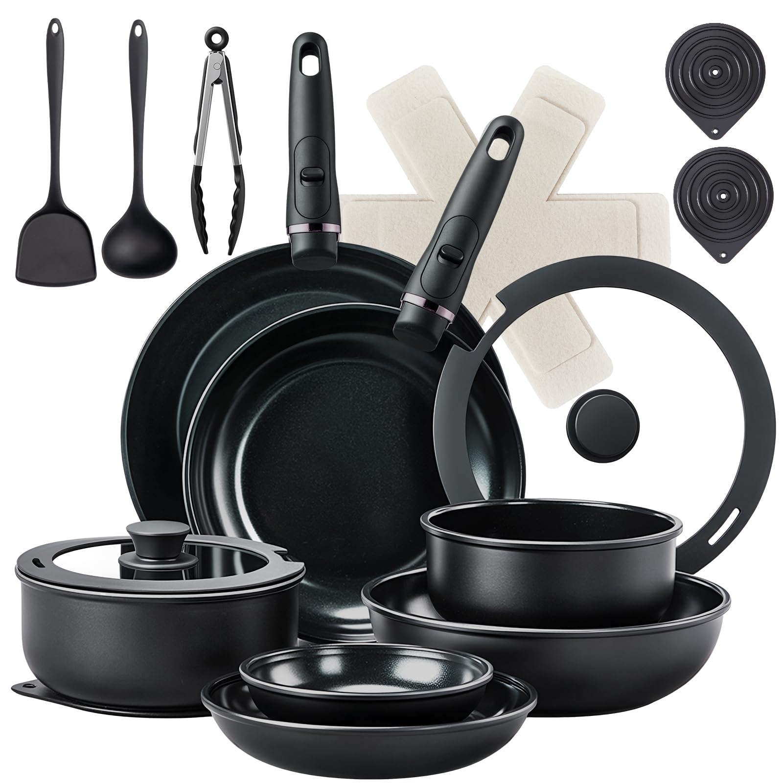 ROVSON 23pcs Non-Stick Pots & Pans Set, Induction, Detachable Handle, Black โ image 1