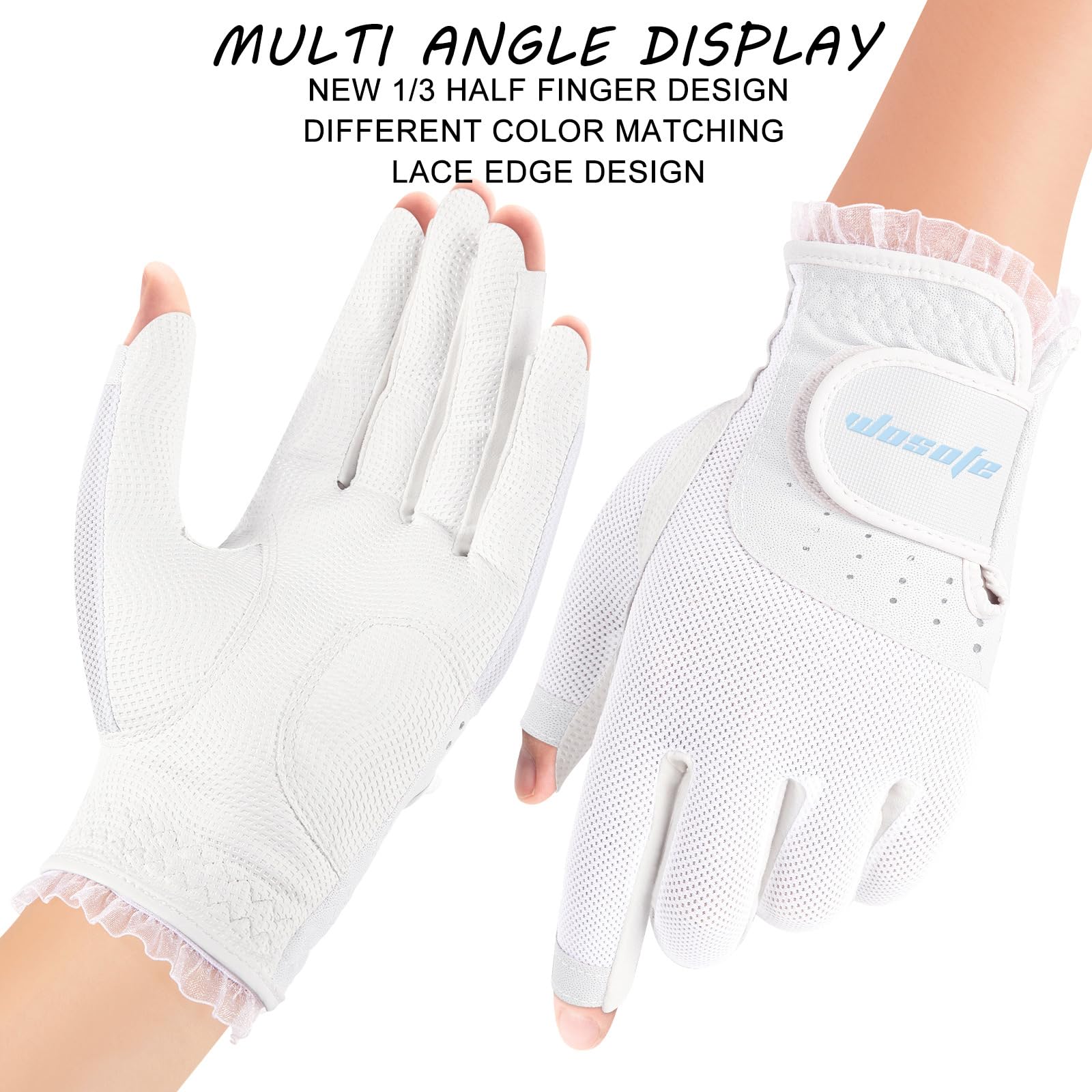 1 Paar Damen Golfhandschuhe, Fingerlose, Atmungsaktive Golfhandschuhe, Sonnenschutz Touchscreen Fäustlinge, Sporthandschuhe für die Linke und Rechte Hand,White,S(Length18cm)