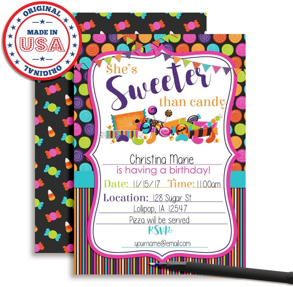 Halloween Candy Birthday Party Invitations, 20 5x7 Fill In Cards with Twenty White Envelopes by AmandaCreation™