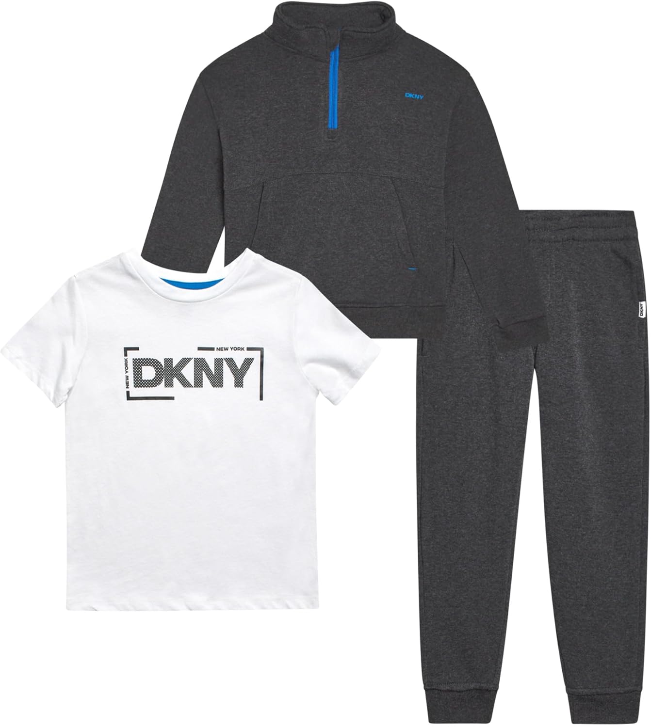 DKNY Toddler Boys' Sweatsuit Set - 3 Piece Short Sleeve Graphic Tee, Quarter-Zip Sweatshirt, and Jogger Sweatpants (2T-7)