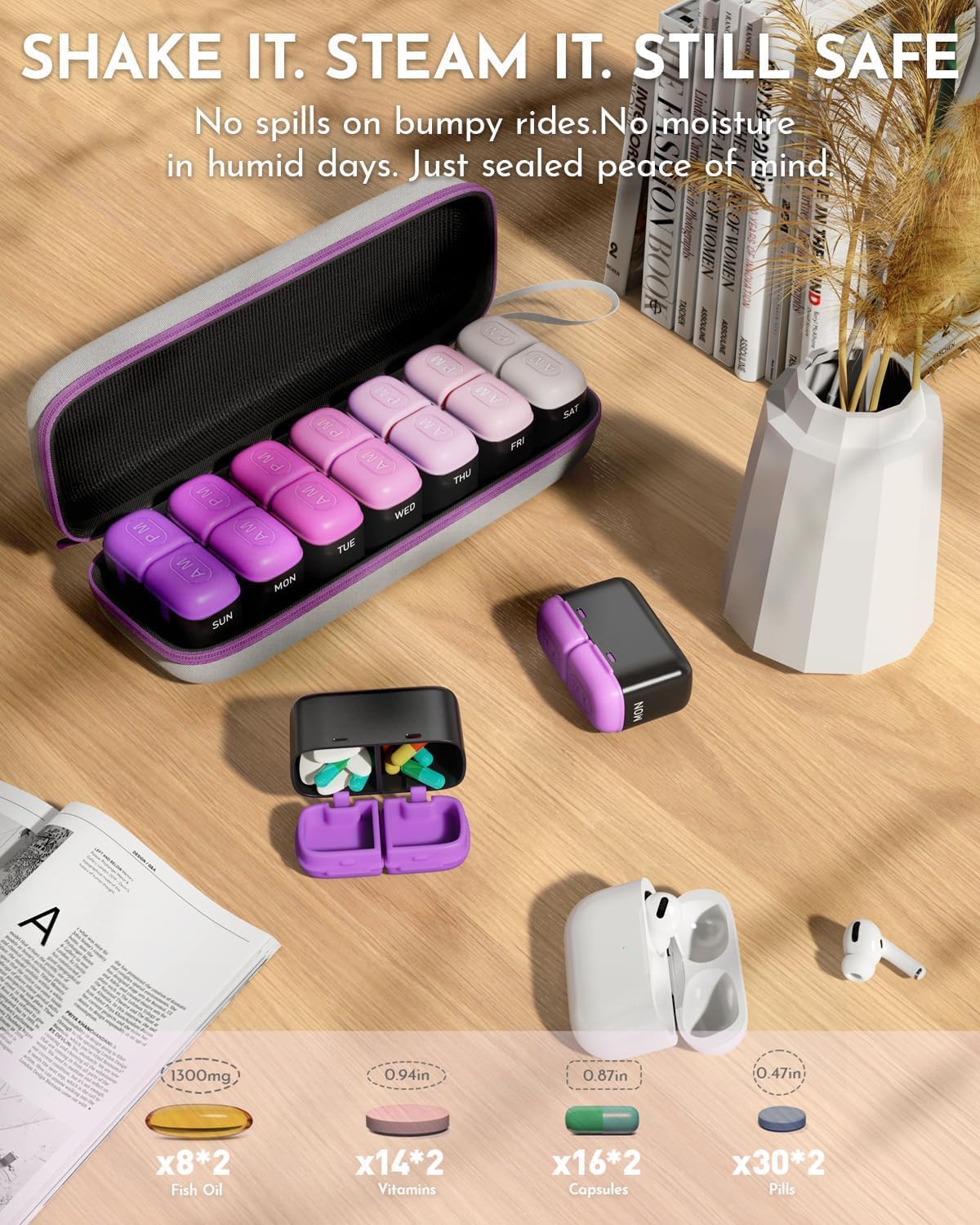 Weekly Pill Organizer 2 Times a Day, 7 Day Travel Medicine Pill Organizer with Moisture-Proof Silicone Lid, AM PM Daily Pill Box for Vitamins & Supplements, Aesthetics Pill Case(Purple) - Image 2