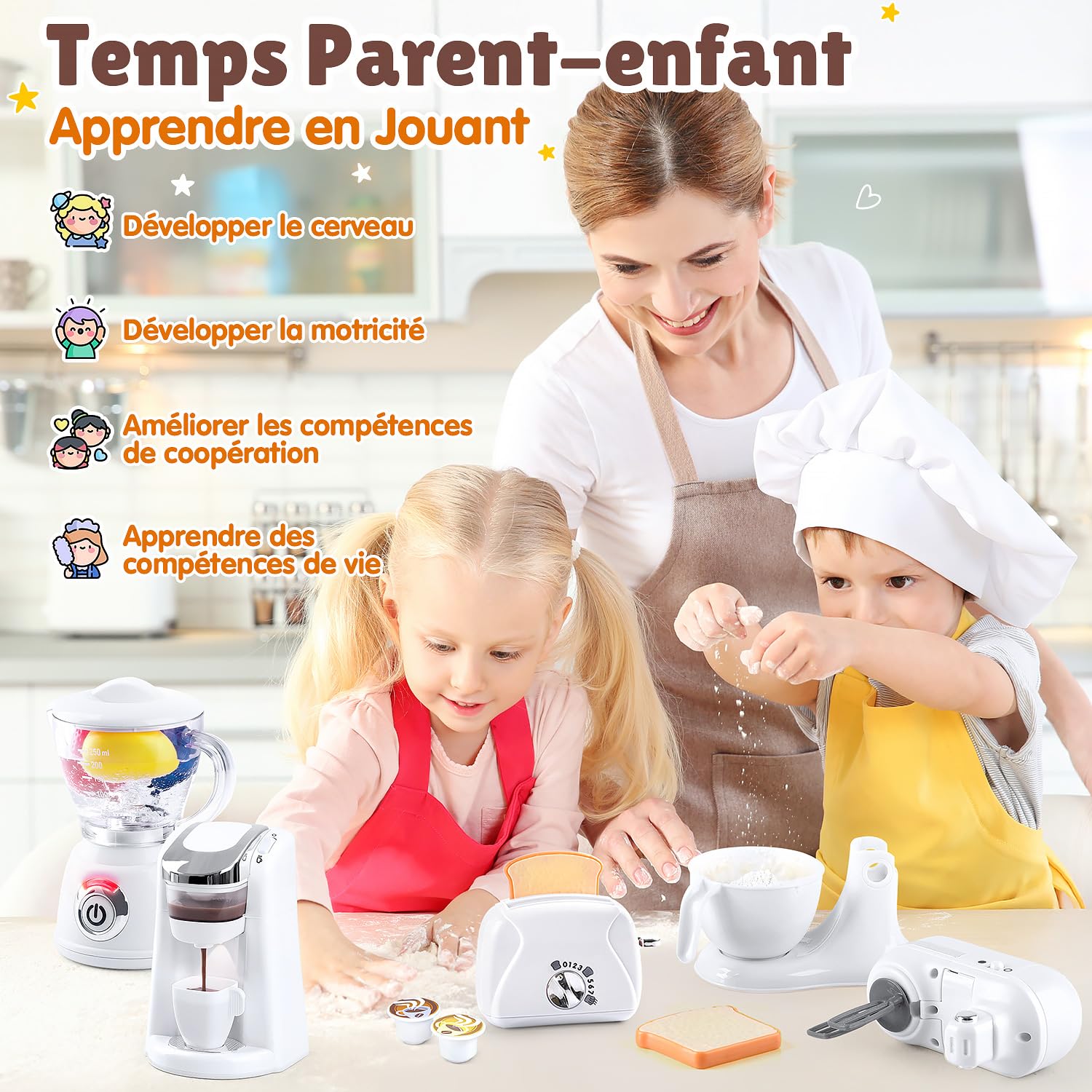 PLAY Ustensile Cuisine Enfant Accessoire avec Cafetiere, Mixer, Blender et Grille Pain Jouet avec Eclairage et Son Réalistes, Set de Cuisine Jouet pour Enfant 3+ Ans (Blanc)