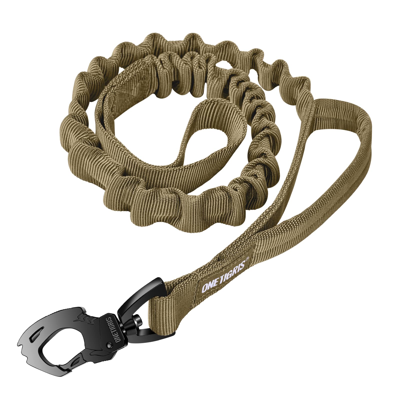 OneTigris Smycz dla psa obciążona sprężyną 86 cm - 120 cm, smycz nylonowa z metalowym klipsem z zębem tygrysa i 2 miękkimi opatrunkami, długość - brązowa