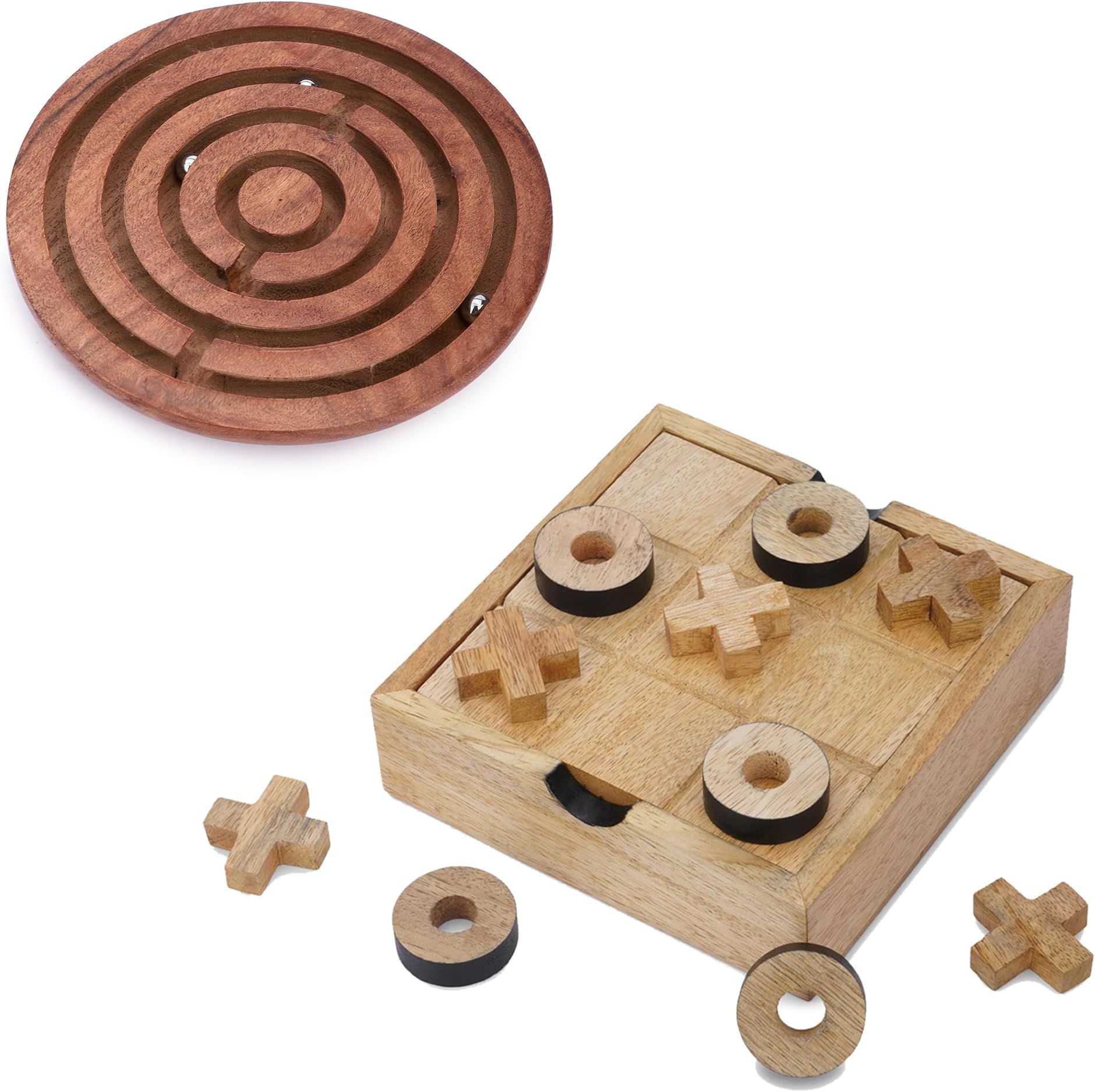 Ajuny Wooden Labyrinth & Tic Tac Toe Game Set – 6" Round Ball Maze Puzzle & 5.5" XO Game with Decorative Storage Box, Handcrafted Brain Teasers for Kids & Adults, Travel & Coffee Table Décor