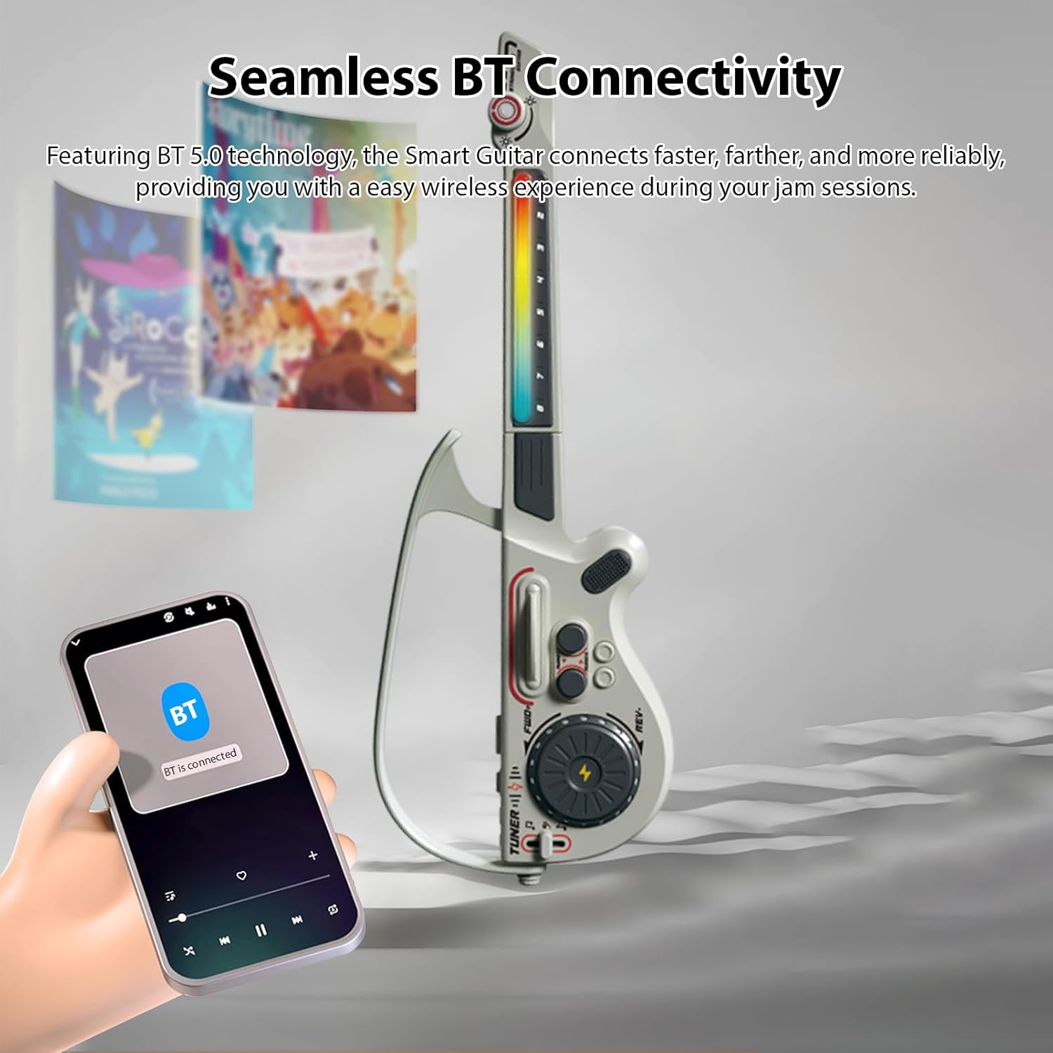 Smart Guitar DJ Controller, Rechargeable Portable Stringless Guitar with LED Lights and Turntable Functionality, for Kids and Musicians (Gray)
