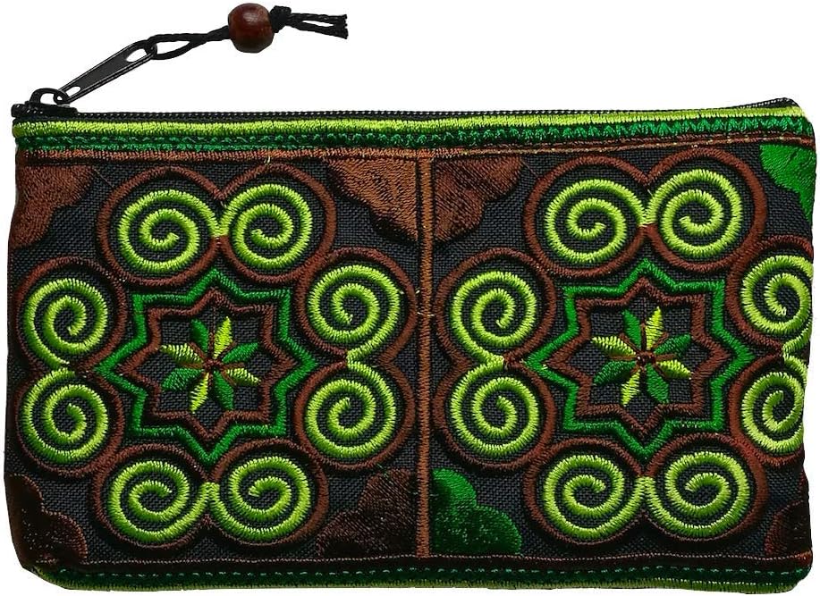 Sabai Jai Coin Purse Handmade Embroidered Bag Ethnic Boho Zipper Change Pouch,Small,Green/Brown