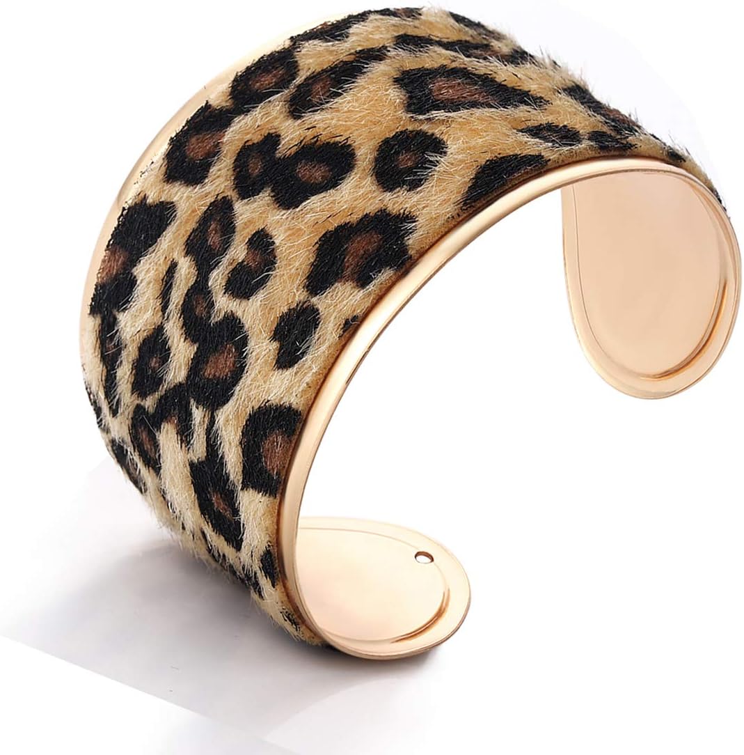LIAO Jewelry Leopard Cuff Bracelet for Women Horse Hair Leather Wide Gold Open Bangle Bracelets, alloy,leather,