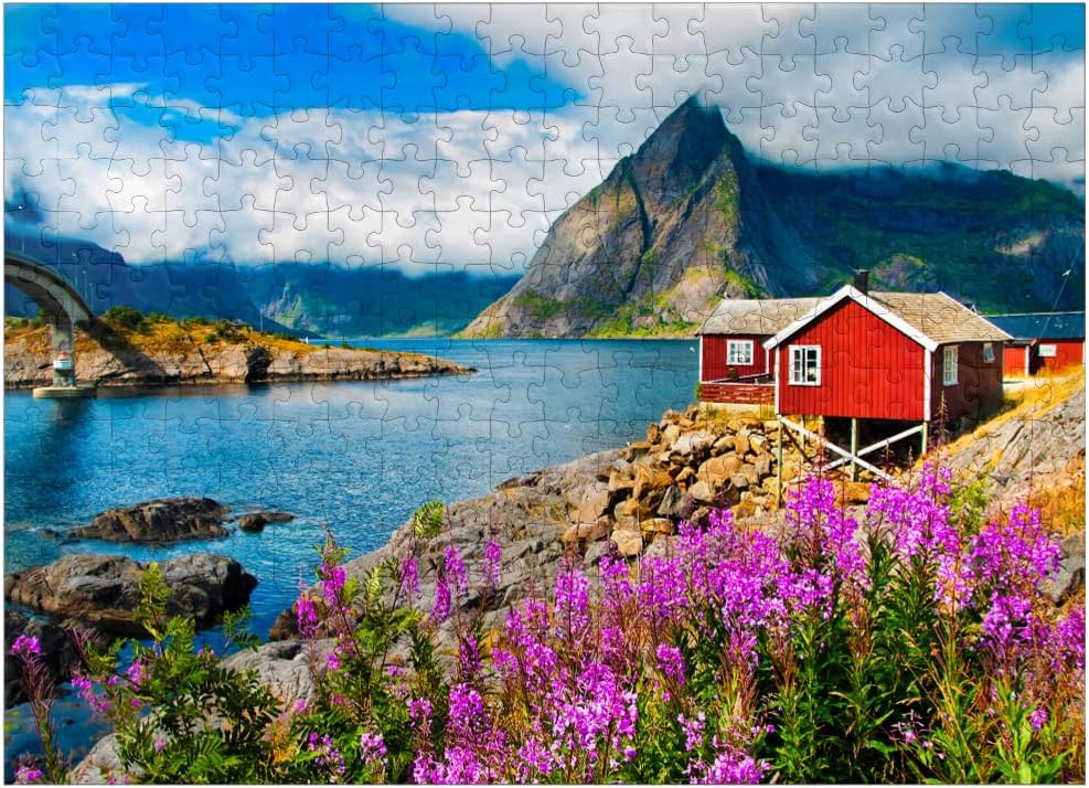 MyPuzzle Typical Red Fishing Houses in A Harbor in Lofoten Norway - Premium 100 Piece Jigsaw Puzzle for Adults