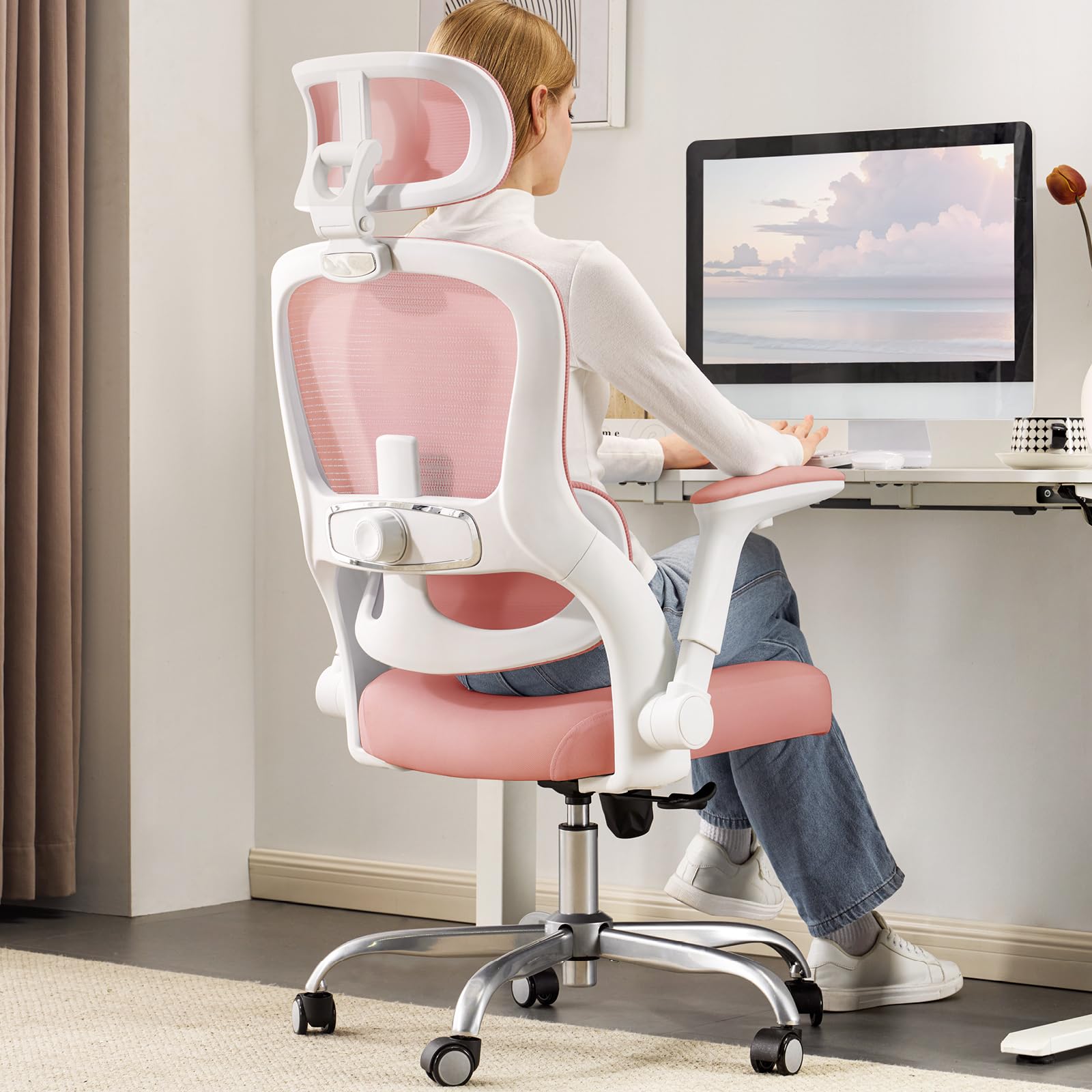 TRALT Ergonomic Office Chair - Home Office Desk Chairs - 400 LBS Mesh High-Back Computer Desk Chairs Comfy with Adjustable Lumbar Support Gaming Chair for Adults Comfortable for Long Hours (Pink)