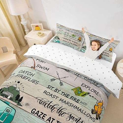 Miniatura 3 de Juego de ropa de cama con reglas de campamento, decoración de campista, funda de edredón de cabaña de madera, tablones de madera, para viajes,