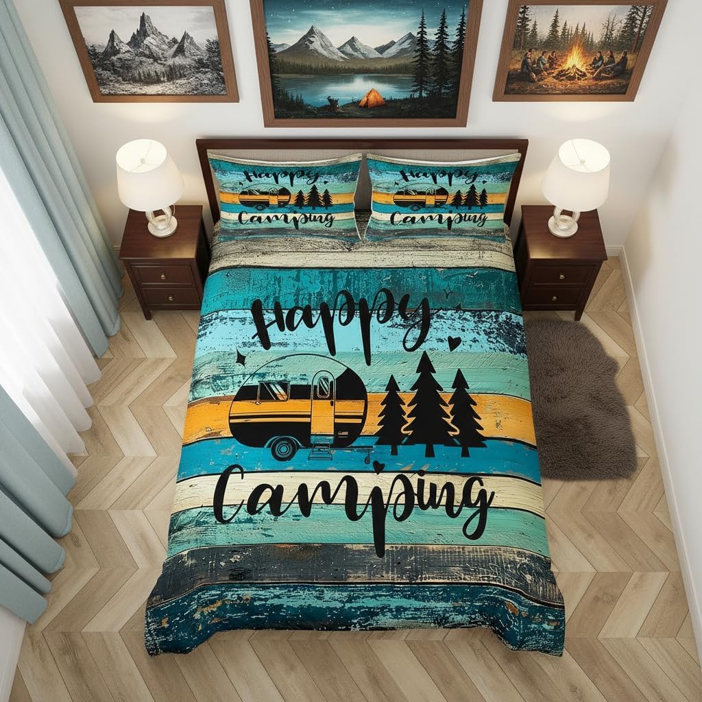 RV Camper Queen Size Duvet Cover for Teens Youth,Happy Camping Green Blue Comforter Cover with 2 Pillow Shams,Farmhouse Style Stripes Bedding Set Ultra Soft Microfiber Breathable,No Comforter