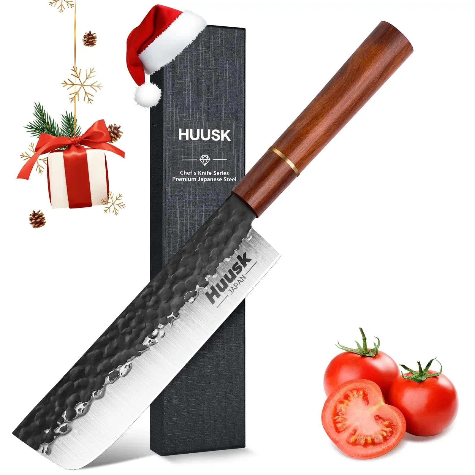 Huusk Japan Knife, Nakiri Knife Japanese Vegetable Knives 7 Inch, Multipurpose Asian Kitchen Chef Knives,Hand Forged High Carbon Steel Sharp Cleaver, Ergonomic Rosewood Handle, Christmas Gifts for Men