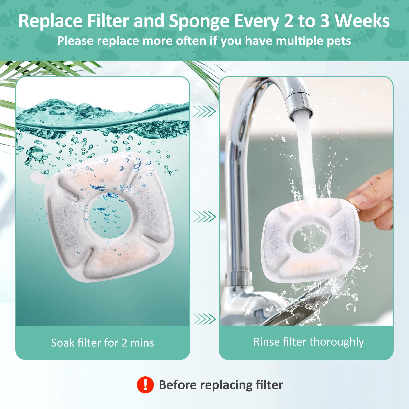 Paquete de 4 filtros de fuente de agua para gatos, compatibles con veken de 2,8 L, fuente automática para mascotas, filtros de repuesto con 4 esponjas de prefiltro para dispensador de agua