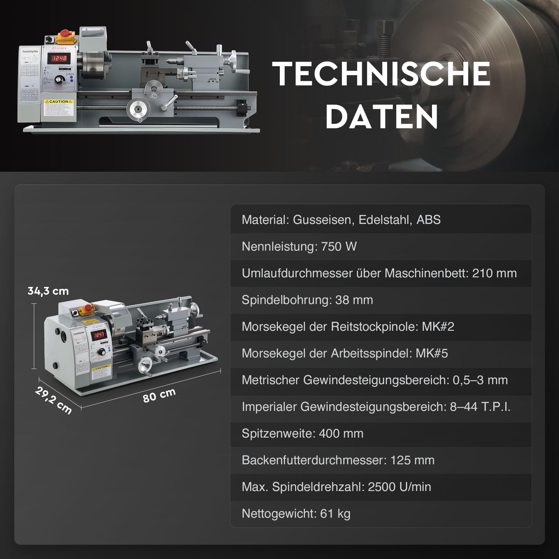 CREWORKS Metalldrehmaschine 8x16 Zoll Mini-Tisch-Metalldrehmaschine 750W Drehmaschine Tischdrehmaschine für Heimwerker-Holz- und Metallbearbeitung (210x400 mm)