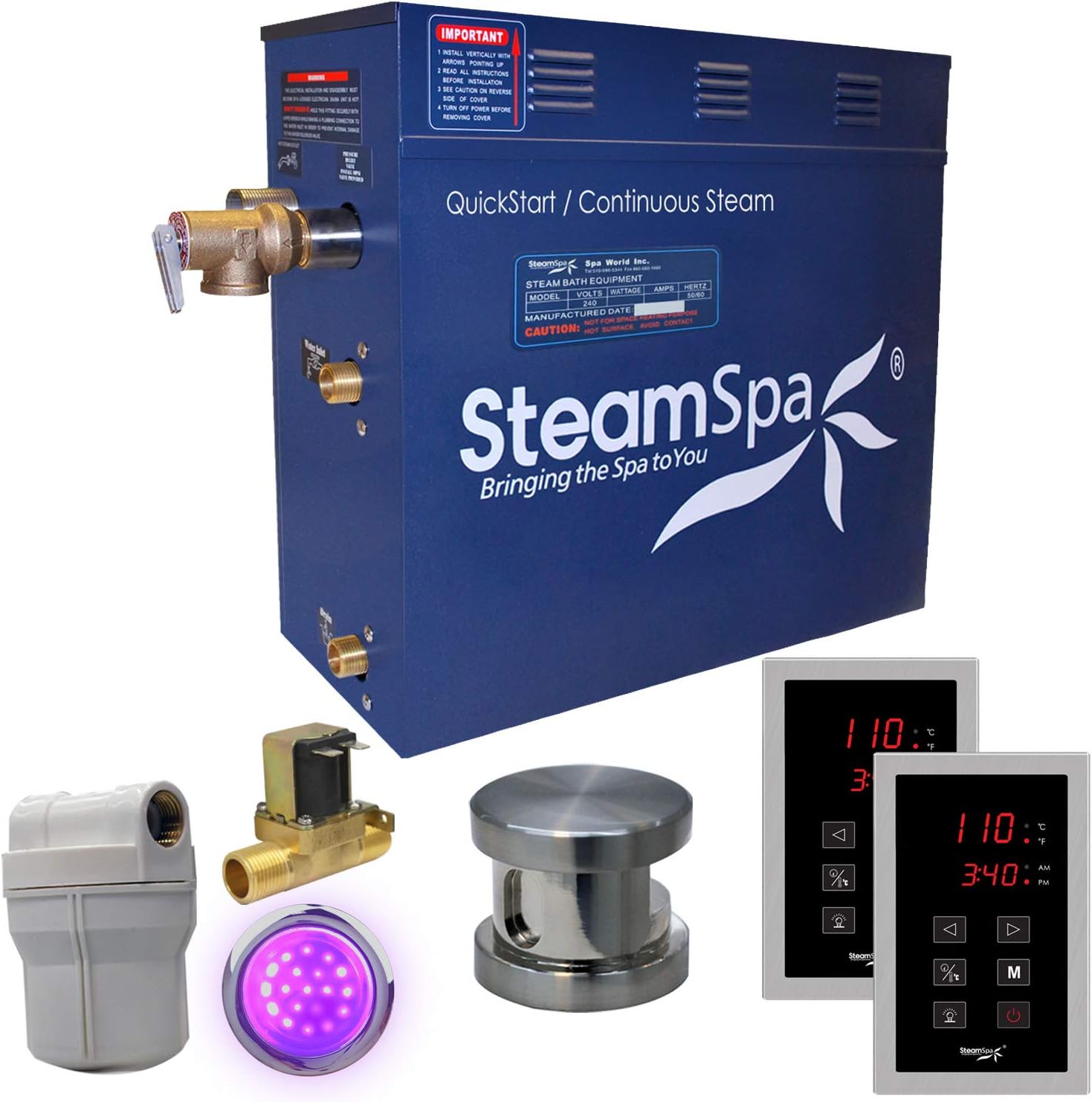 Steam Spa RYT900BN-A Royal 9 KW Quick Start Acu-Steam Bath Generator Package with Built-In Auto Drain, Brushed Nickel