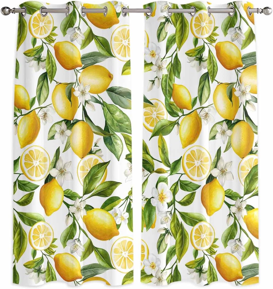 Lemon Yellow Window Curtains Panels with Silver Grommet,Country Floral Leaf Green White Kitchen Cafe Curtain Draperies Window Treatment Set for Living Room/Bedroom/Laundry Room/Bathroom/Cafe,84x84