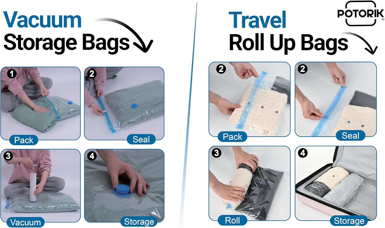Vacuum Storage Bags, 20 Pack (4 Jumbo/4 Large/4 Medium/4 Small/4 Roll) – Space Saver Compression Bags for Clothes, Comforters & Blankets – Durable Double-Seal Vacuum Bags with Hand Pump