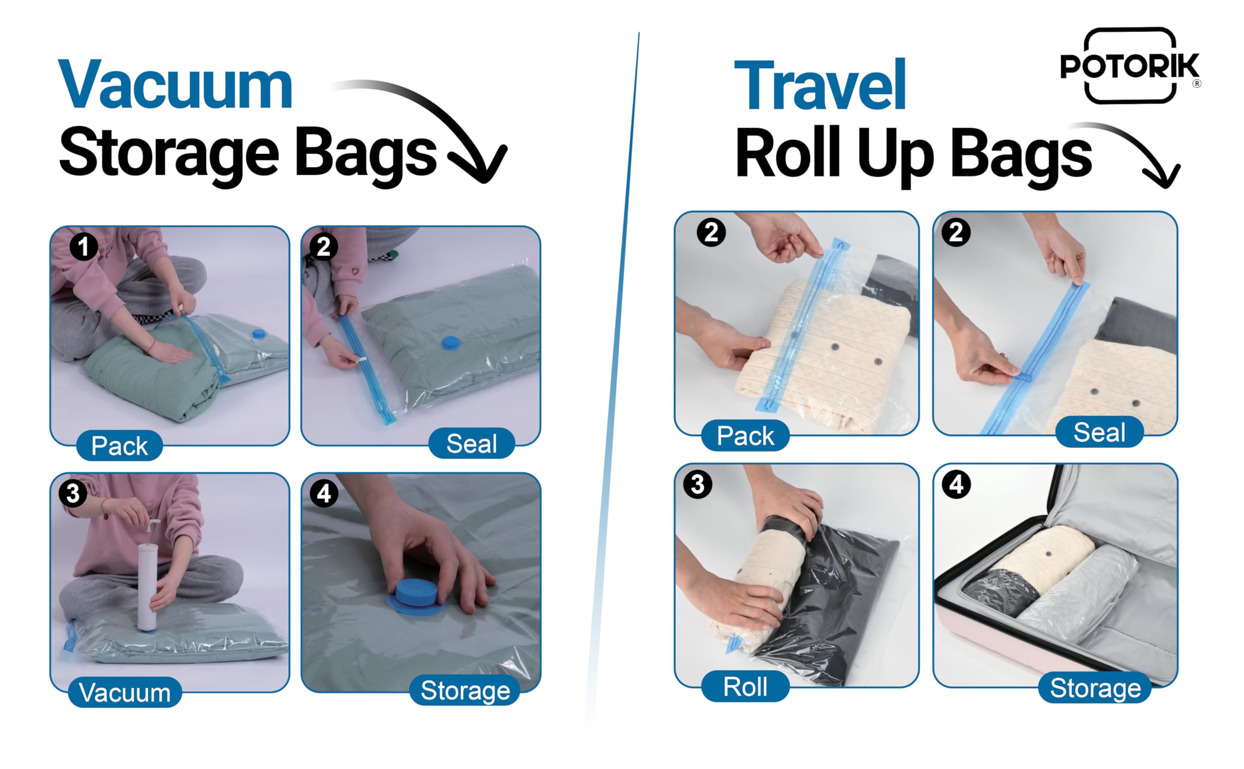 Bolsas de almacenamiento al vacío, bolsas de ahorro de espacio, paquete de 20 (4 jumbo, 4 grandes, 4 medianas, 4 pequeñas, 4 rollos), compresión para edredones y mantas, almacenamiento de ropa