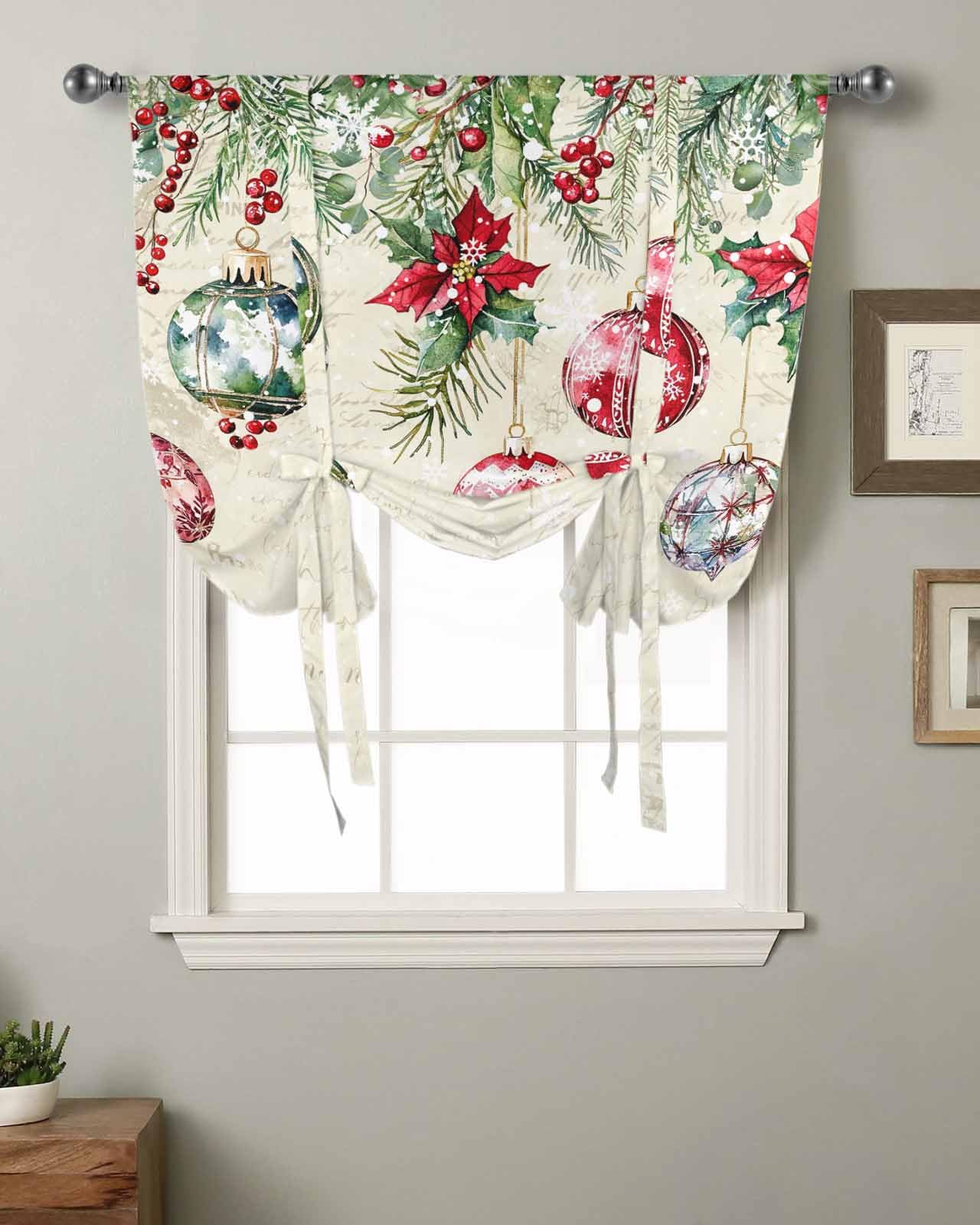 MISHKIN Christmas Balls Tie Up Curtain for Window Blackout Balloon Valance Curtain for Bathroom Winter Vintage Poinsettia Berry Snowflake Beige Window Shade for Kitchen Living Room Bedroom 42