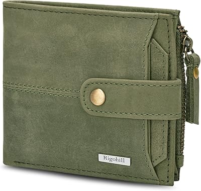 Rigohill Doger Olive Green Leather Wallet For Men, 2 Card Slot | RFID Wallet