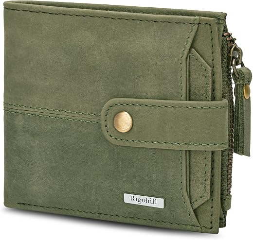 Rigohill Doger Olive Green Leather Wallet For Men, 2 Card Slot | RFID Wallet