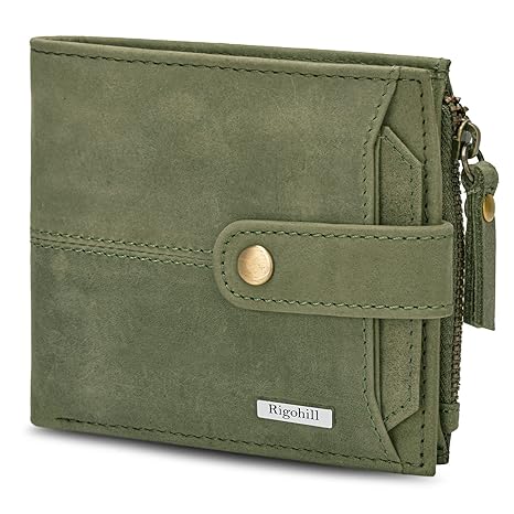 Rigohill Doger Olive Green Leather Wallet For Men, 2 Card Slot | RFID Wallet